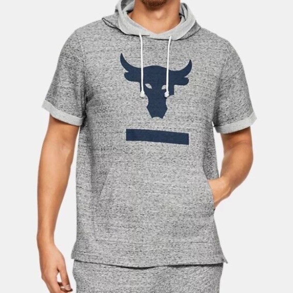 Under Armour Project Rock Gray Short Sleeve Pullover Athletic Terry Hoodie Shirt
